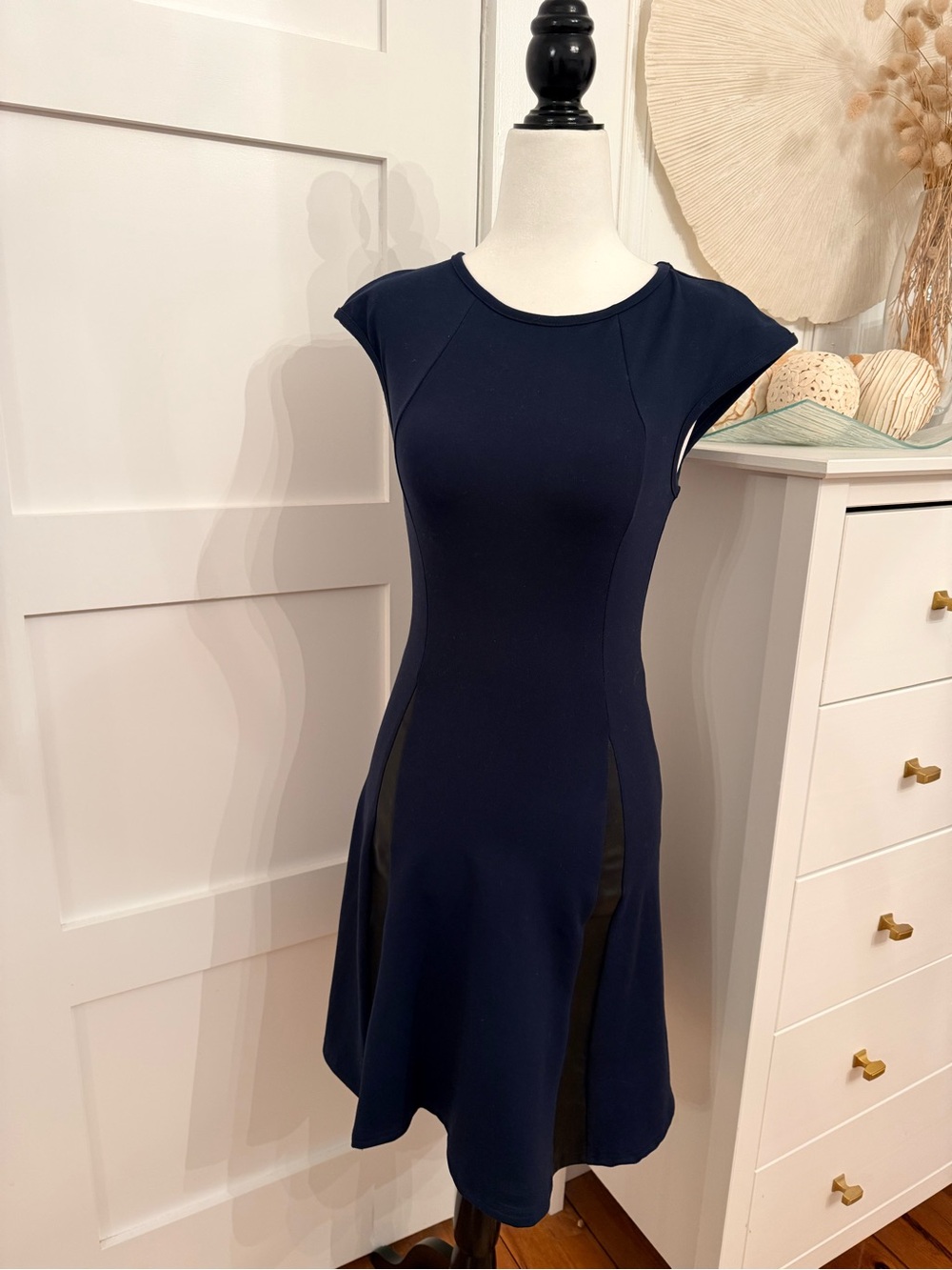 David Lerner Navy Fit-and-Flare Dress with Black Leather Inset Panels